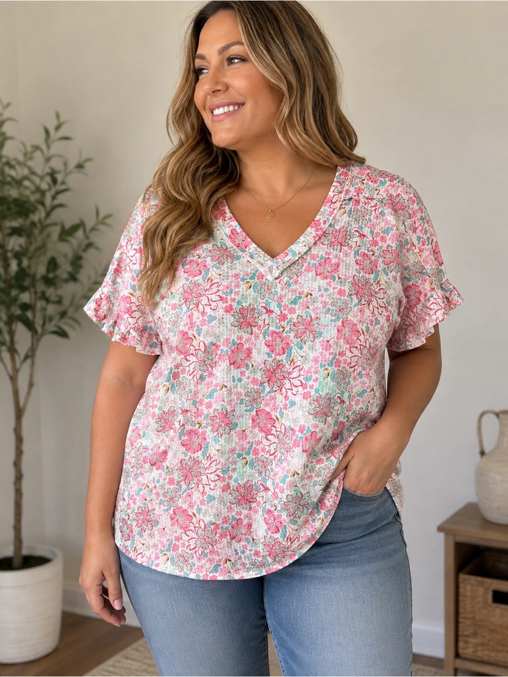 Women’s Pink Floral V-Neck Short Sleeve Top